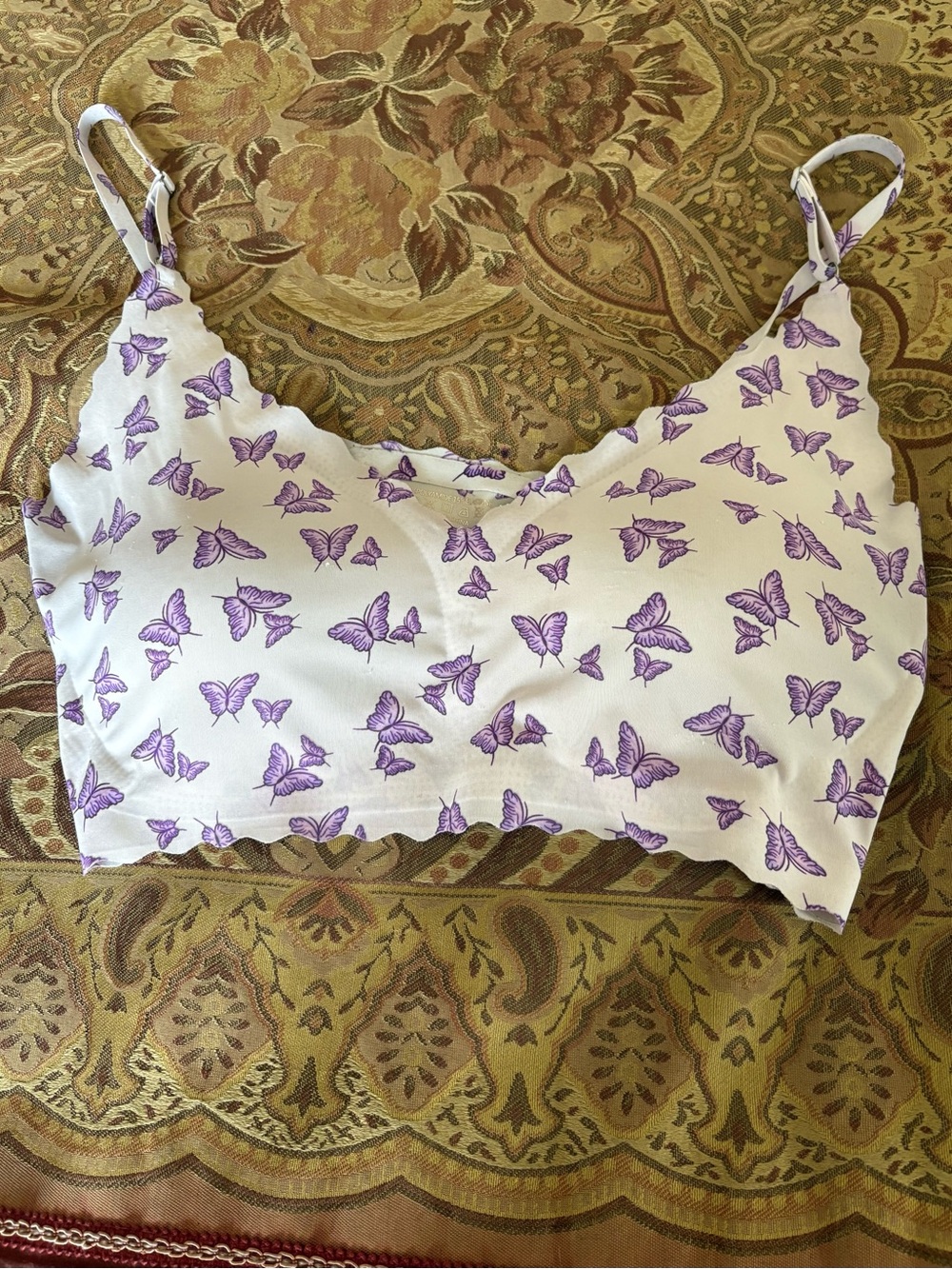 White Bralette with Purple Butterfly Print - size XL